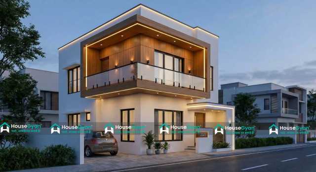 Stylish Modern Duplex House Elevation with Wooden Finish and Balcony Lighting Stylish Modern Duplex House Elevation with Wooden Finish and Balcony Lighting