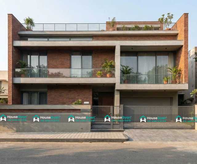 Modern G+1 House Elevation Design with Exposed Brick Finish Modern G+1 House Elevation Design with Exposed Brick Finish