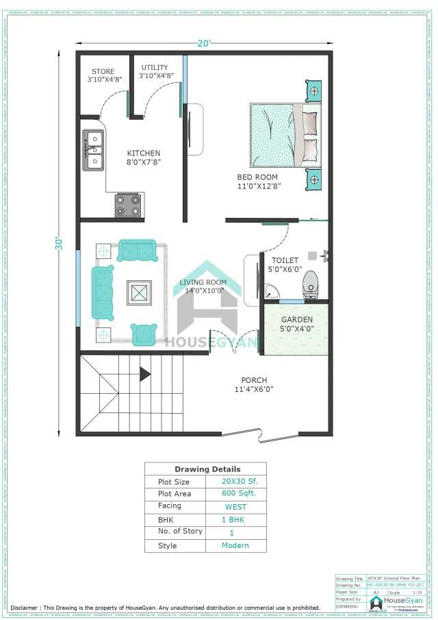 20X30 West Facing 1BHK Ground Floor House Plan | 600 Sqft Plot Floor Plan 20X30 West Facing 1BHK Ground Floor House Plan | 600 Sqft Plot Floor Plan