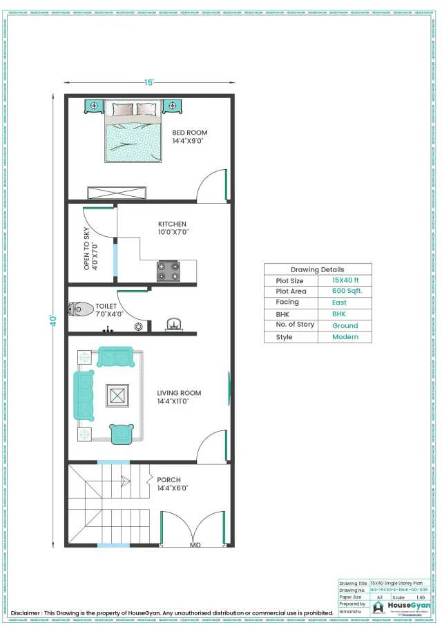 15x40 East Facing 1BHK Ground Floor House Plan