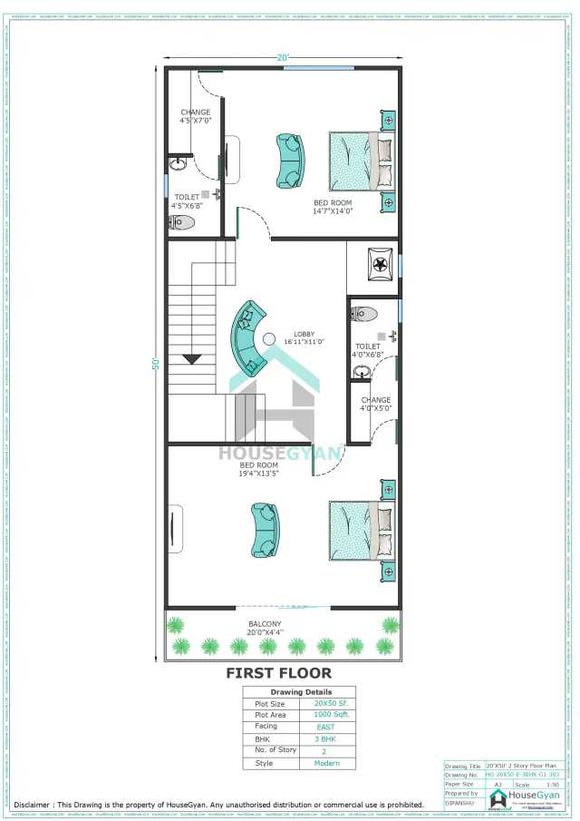 20X50 East Facing 3BHK First Floor House Plan | 1000 Sqft Plot Floor Plan 20X50 East Facing 3BHK First Floor House Plan | 1000 Sqft Plot Floor Plan