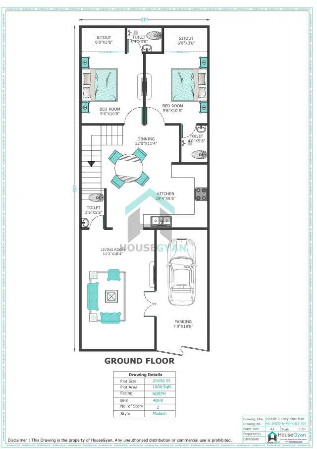 20X50 North Facing 4BHK First Floor House Plan | 1000 Sqft Plot Floor Plan 20X50 North Facing 4BHK First Floor House Plan