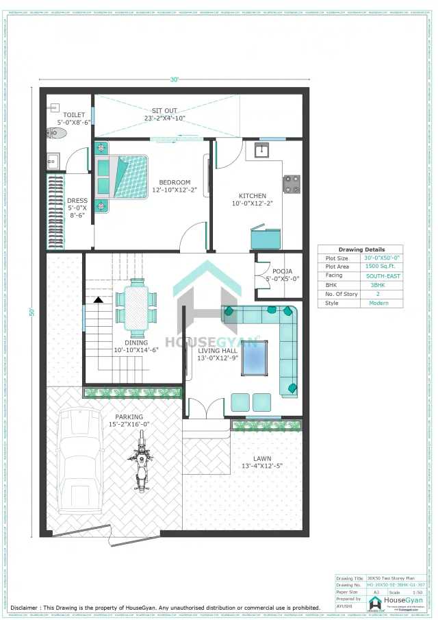 30X50 Southeast Facing 3BHK First Floor House Plan | 1500 Sqft Plot Floor Plan 30X50 Southeast Facing 3BHK First Floor House Plan