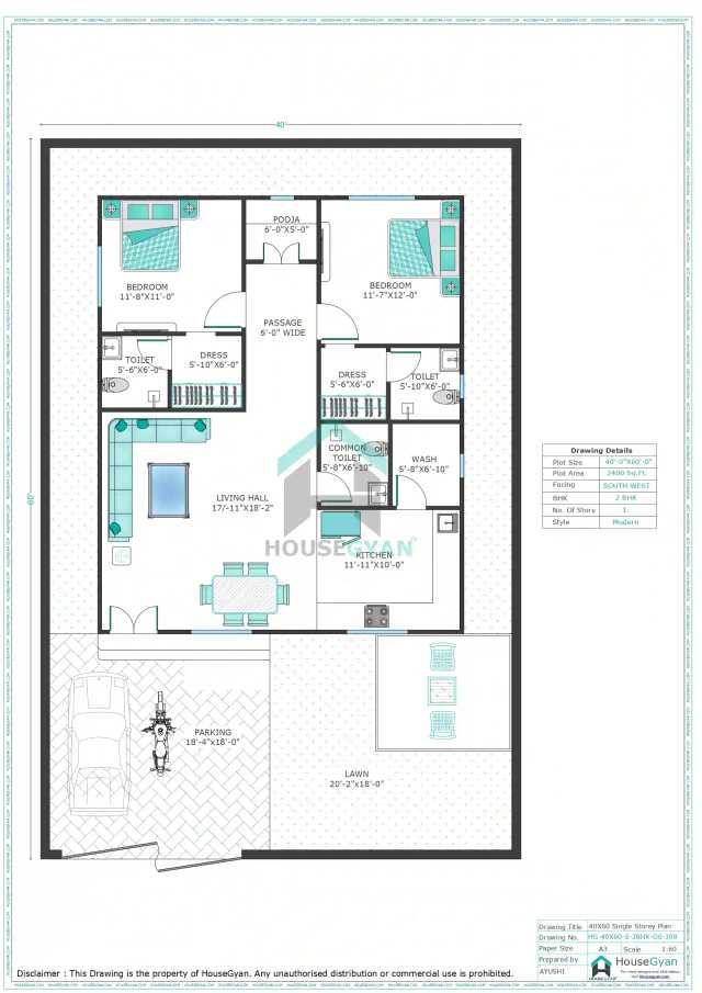 40X60 South West Facing 2BHK Ground Floor House Plan | 2400 Sqft Plot Floor Plan 40X60 South West Facing 2BHK Ground Floor House Plan