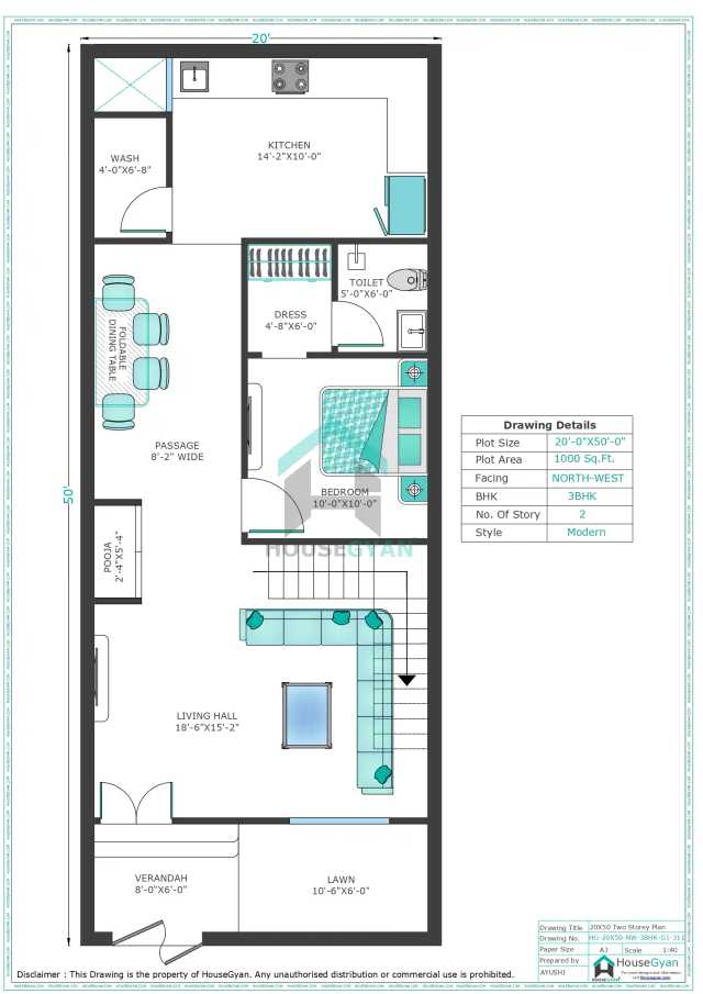 20X50 Northwest Facing 3BHK First Floor House Plan | 1000 Sqft Plot Floor Plan 20X50 Northwest Facing 3BHK First Floor House Plan