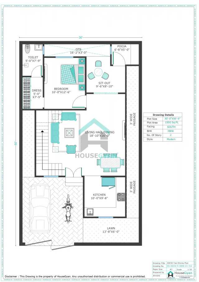30X50 South Facing 3BHK First Floor House Plan | 1500 Sqft Plot Floor Plan 30X50 South Facing 3BHK First Floor House Plan
