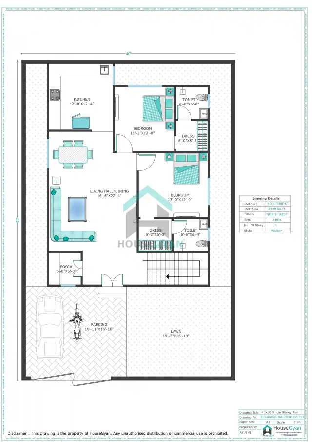 40X60 Northwest Facing 2BHK Ground Floor House Plan | 2400 Sqft Plot Floor Plan 40X60 Northwest Facing 2BHK Ground Floor House Plan
