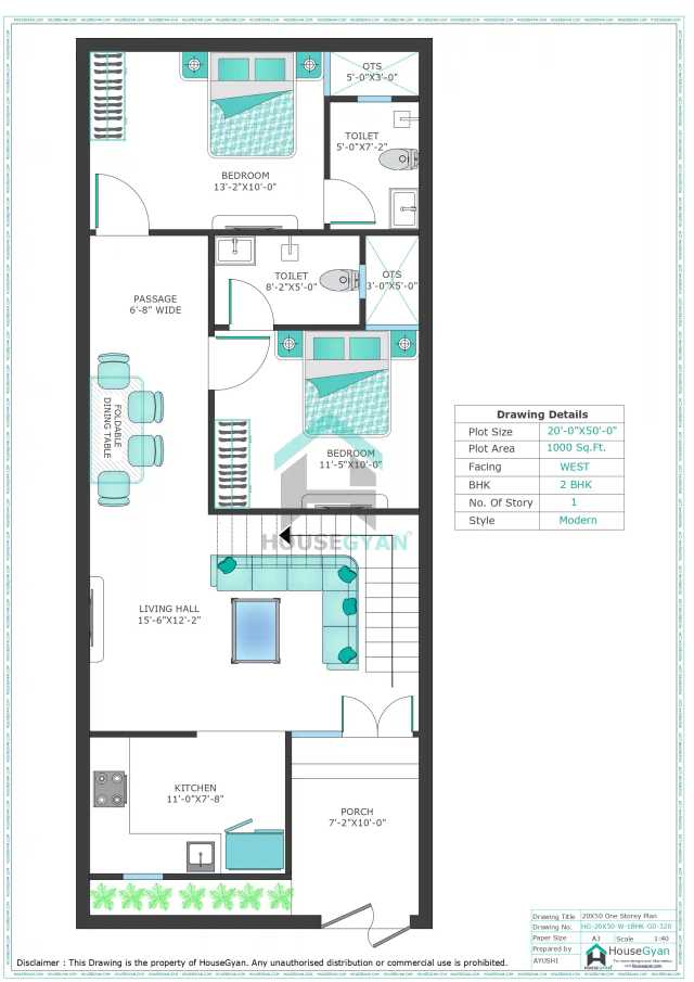 20X50 West Facing 2BHK Ground Floor House Plan | 1000 Sqft Plot Floor Plan 20X50 West Facing 2BHK Ground Floor House Plan | 1000 Sqft Plot Floor Plan