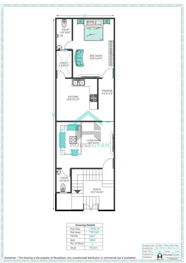 15X50 East Facing 3BHK First Floor House Plan | 750 Sqft Plot Floor Plan 15X50 East Facing 3BHK First Floor House Plan