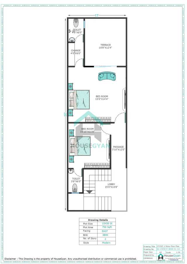 15X50 East Facing 3BHK First Floor House Plan | 750 Sqft Plot Floor Plan 15X50 East Facing 3BHK First Floor House Plan | 750 Sqft Plot Floor Plan