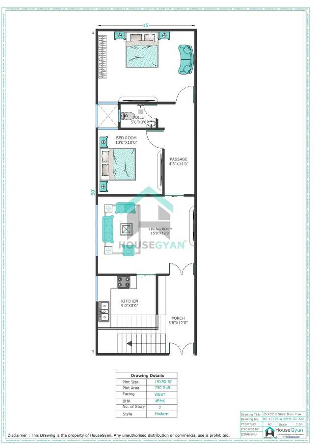 15X50 West Facing 4BHK First Floor House Plan | 750 Sqft Plot Floor Plan 15X50 West Facing 4BHK First Floor House Plan