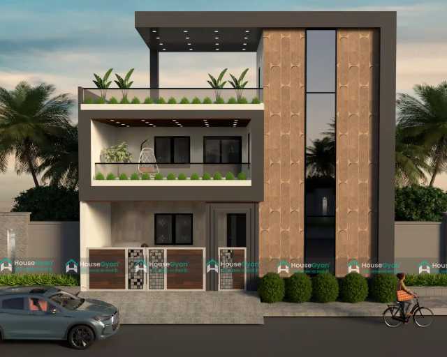 40X60 Modern Contemporary G+1 House Elevation with Terracotta Cladding 40X60 Modern Contemporary G+1 House Elevation with Terracotta Cladding