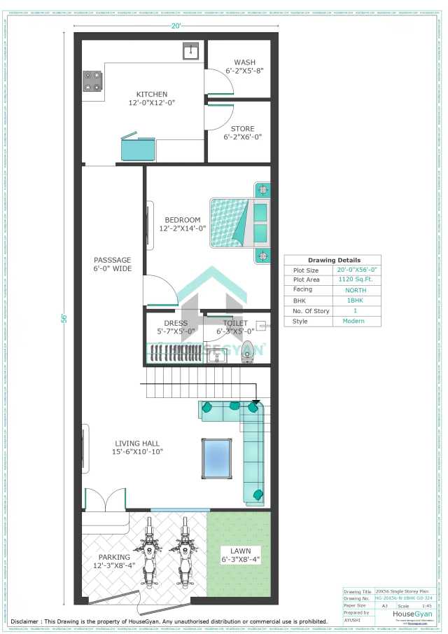 20X56 North Facing 1BHK Ground Floor House Plan | 1120 Sqft Plot Floor Plan 20X56 North Facing 1BHK Ground Floor House Plan