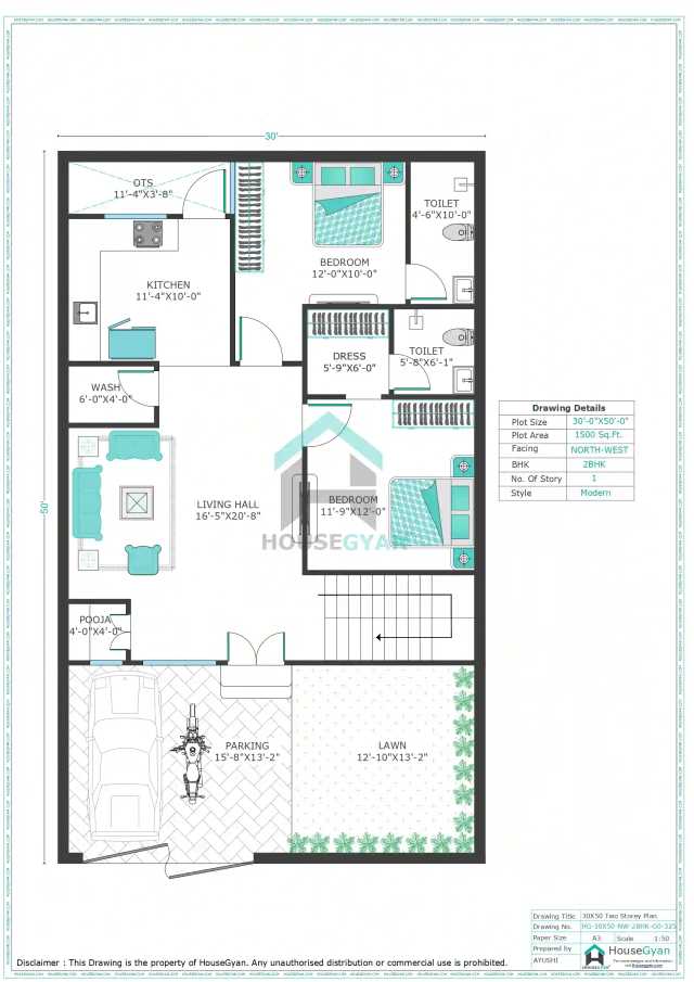 30X50 Northwest Facing 2BHK Ground Floor House Plan | 1500 Sqft Plot Floor Plan 30X50 Northwest Facing 2BHK Ground Floor House Plan