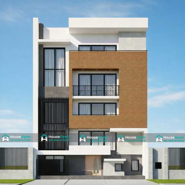 32X40 G+3 Ultra Modern House Elevation Design with Wood Cladding and Black Fins 32X40 G+3 Ultra Modern House Elevation Design with Wood Cladding and Black Fins