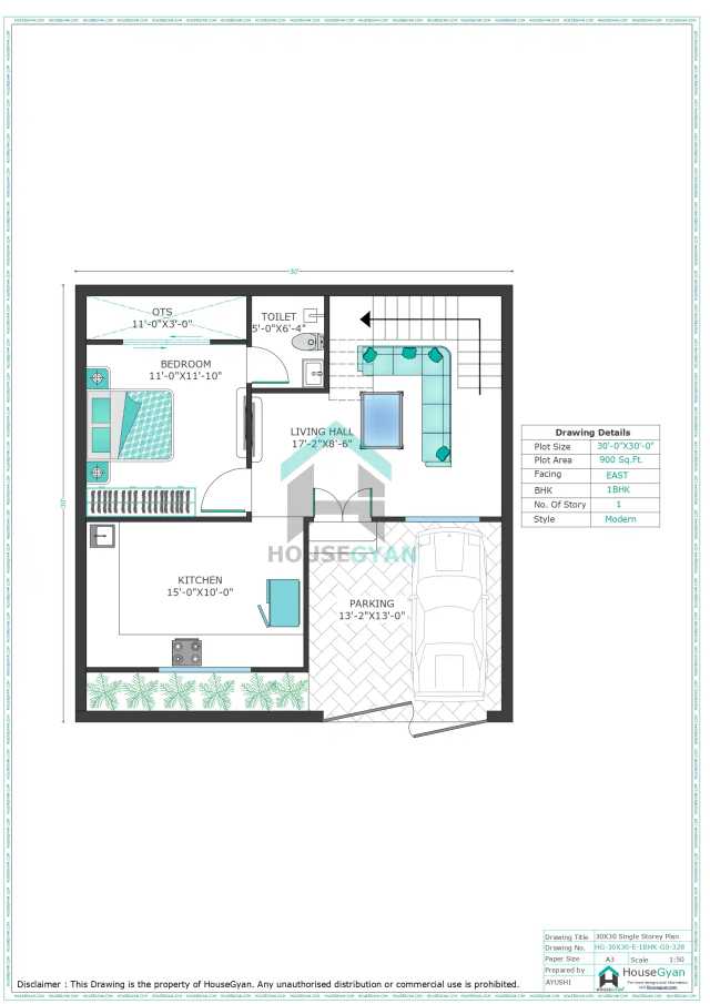 30X30 East Facing 1BHK Ground Floor House Plan | 900 Sqft Plot Floor Plan 30X30 East Facing 1BHK Ground Floor House Plan | 900 Sqft Plot Floor Plan
