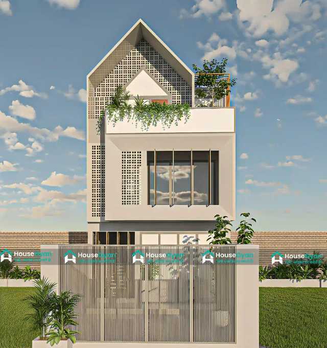 Modern Tropical House Elevation Design with Jali Wall | 20X65 G+1 Home Exterior Modern Tropical House Elevation Design with Jali Wall