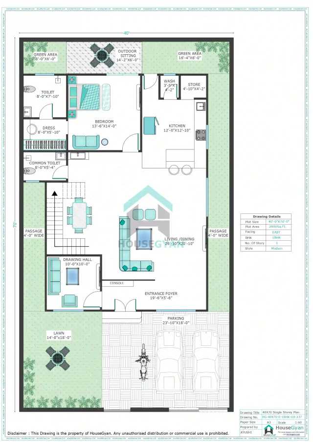 40X70 East Facing 1BHK Ground Floor House Plan | 2800 Sqft Plot Floor Plan 40X70 East Facing 1BHK Ground Floor House Plan
