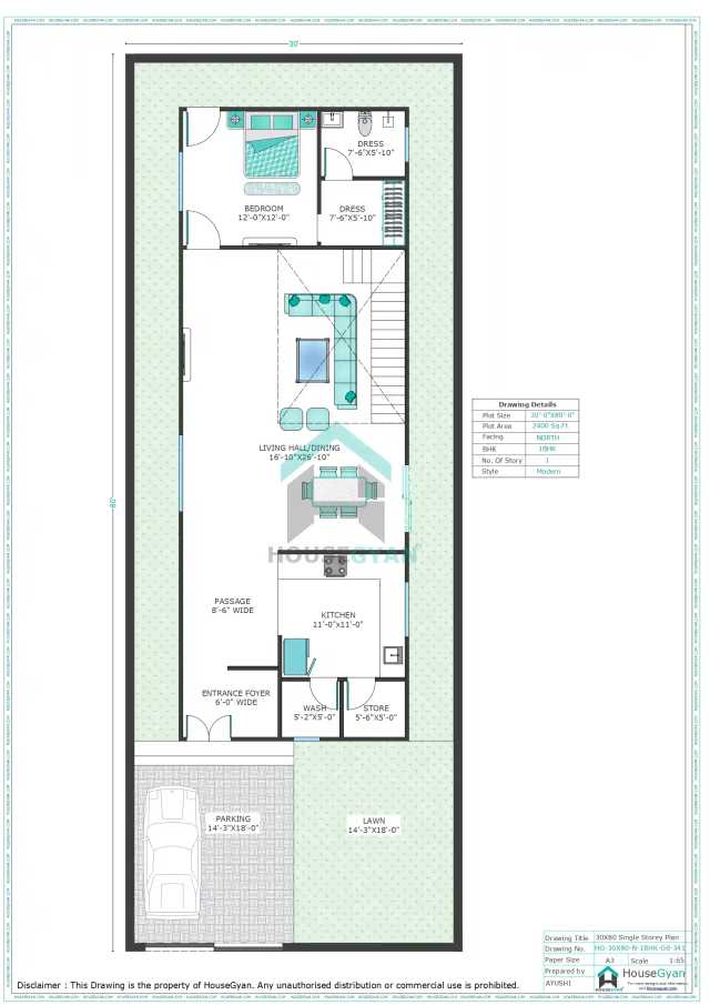 30X80 North Facing 1BHK Ground Floor House Plan | 2400 Sqft Plot Floor Plan 30X80 North Facing 1BHK Ground Floor House Plan