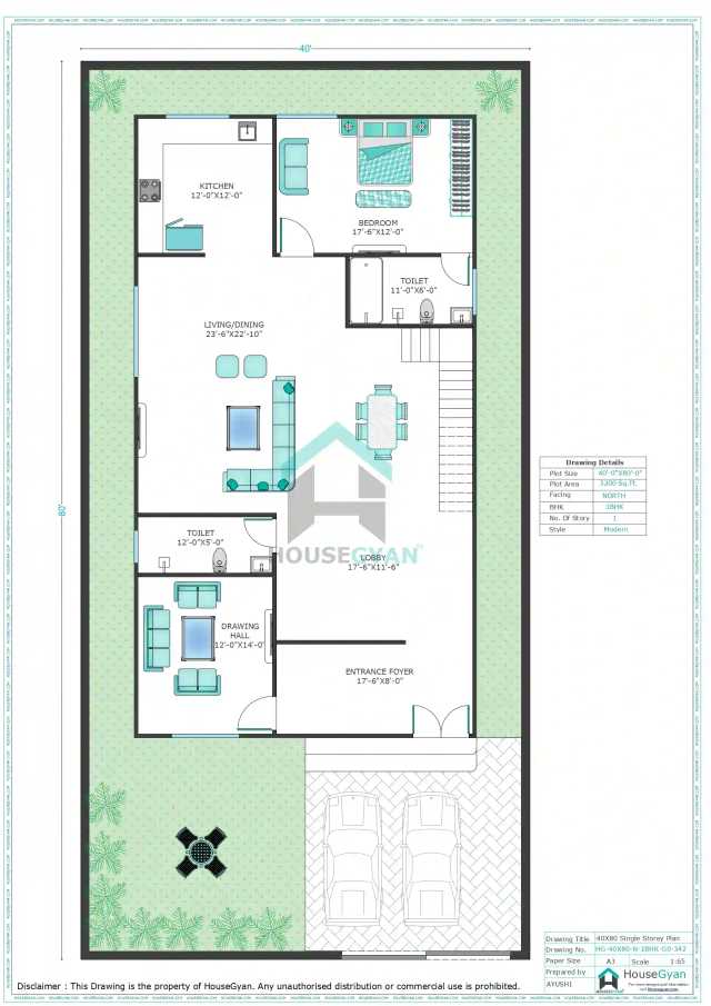 40X80 North Facing 1BHK Ground Floor House Plan | 3200 Sqft Plot Floor Plan 40X80 North Facing 1BHK Ground Floor House Plan