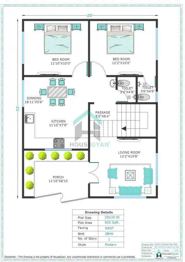 25X33 West Facing 2BHK Ground Floor House Plan | 825 Sqft Plot Floor Plan 25X33 West Facing 2BHK Ground Floor House Plan