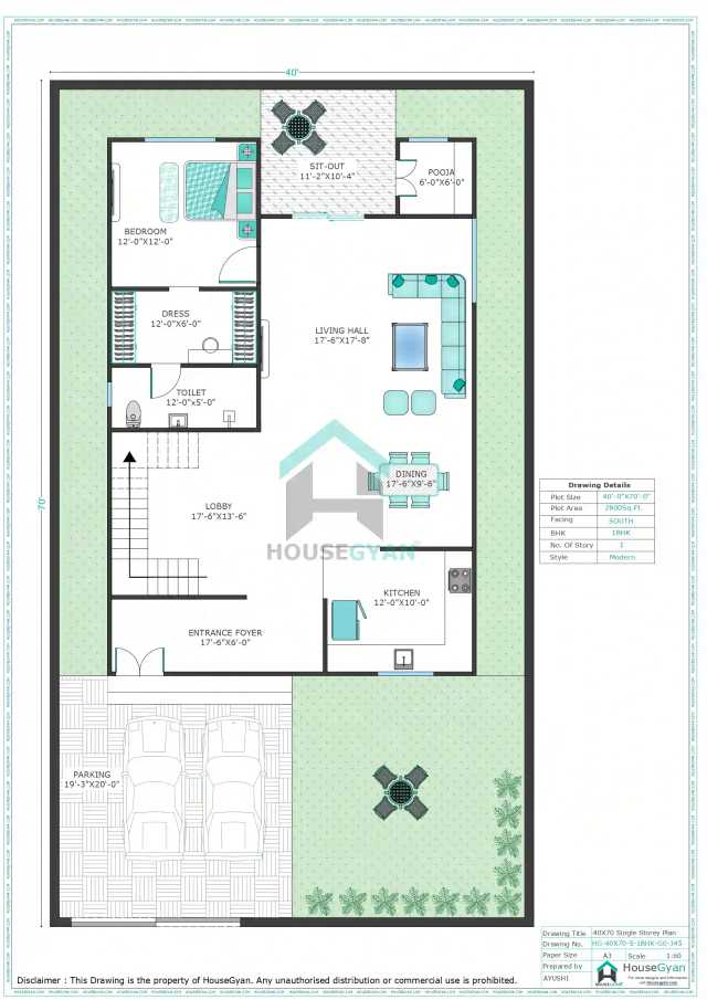 40X70 South Facing 1BHK Ground Floor House Plan | 2800 Sqft Plot Floor Plan 40X70 South Facing 1BHK Ground Floor House Plan | 2800 Sqft Plot Floor Plan
