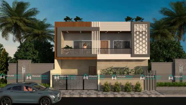 Modern 35X50 Double Storey House Front Elevation with Layered C Phase Design Modern 35X50 Double Storey House Front Elevation with Layered C Phase Design