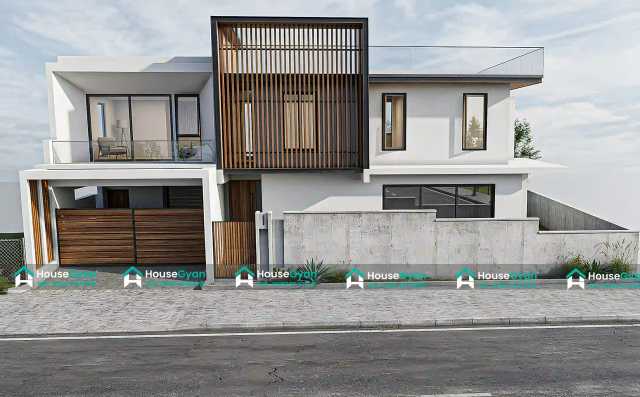 Luxury 65X50 House Elevation Design with Wooden Louver Facade Luxury 65X50 House Elevation Design