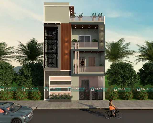 25x40 Modern G+2 House Front Elevation Design with Tower Feature 25x40 Modern G+2 House Front Elevation Design with Tower Feature