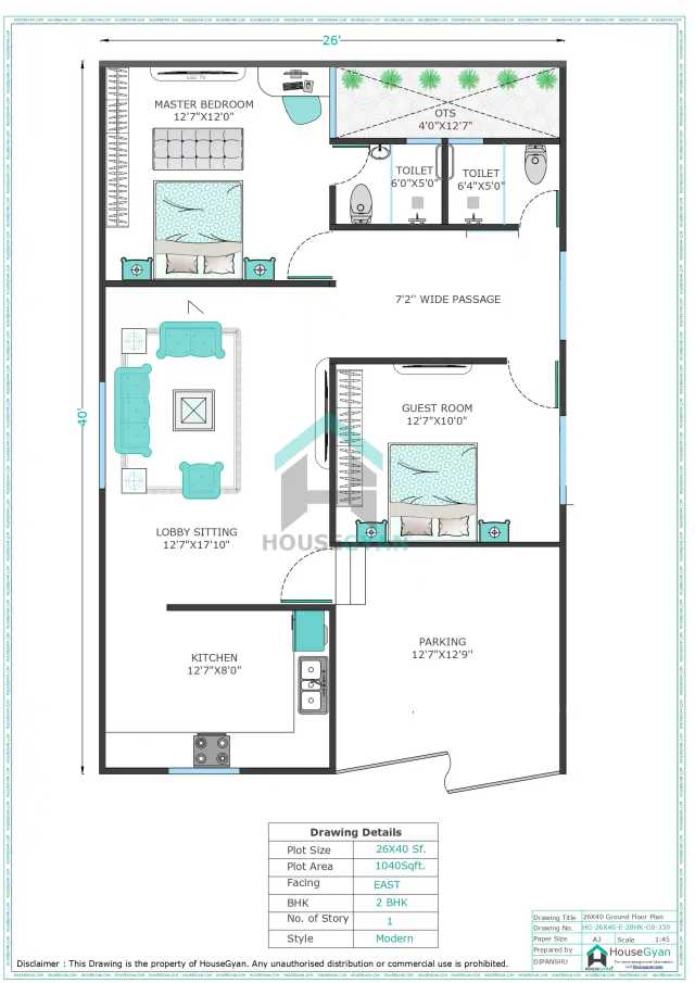 26X40 East Facing 2BHK Ground Floor House Plan | 1040 Sqft Plot Floor Plan 26X40 East Facing 2BHK Ground Floor House Plan | 1040 Sqft Plot Floor Plan