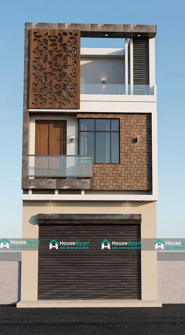 16x40 Modern G+2 House Front Elevation Design with CNC Jali 16x40 Modern G+2 House Front Elevation Design with CNC Jali