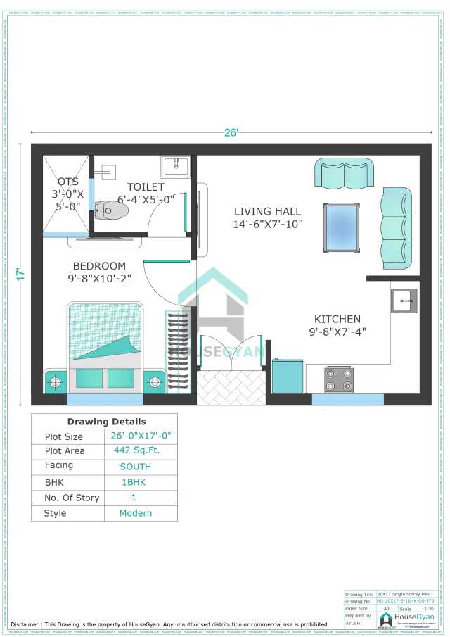 26X17 South Facing 1BHK Ground Floor House Plan | 442 Sqft Plot Floor Plan 26X17 South Facing 1BHK Ground Floor House Plan