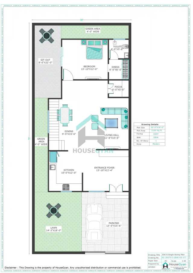 30X70 East Facing 1BHK Ground Floor House Plan | 2100 Sqft Plot Floor Plan 30X70 East Facing 1BHK Ground Floor House Plan | 2100 Sqft Plot Floor Plan