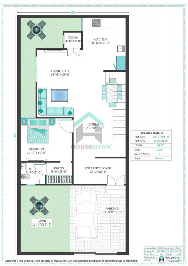 26X56 West Facing 1BHK Ground Floor House Plan | 1456 Sqft Plot Floor Plan 26X56 West Facing 1BHK Ground Floor House Plan | 1456 Sqft Plot Floor Plan