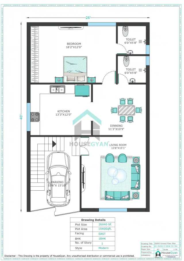 26X40 East Facing 1BHK Ground Floor House Plan | 1040 Sqft Plot Floor Plan 26X40 East Facing 1BHK Ground Floor House Plan
