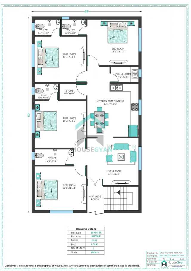 28X50 East Facing 4BHK Ground Floor House Plan | 1400 Sqft Plot Floor Plan 28X50 East Facing 4BHK Ground Floor House Plan