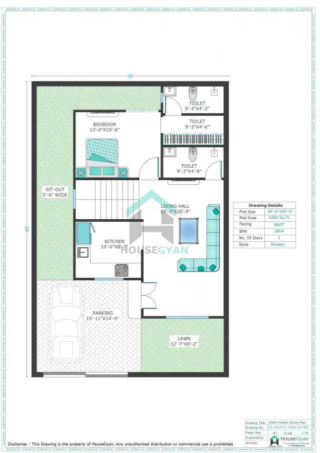 30X45 East Facing 1BHK Ground Floor House Plan | 1350 Sqft Plot Floor Plan 30X45 East Facing 1BHK Ground Floor House Plan | 1350 Sqft Plot Floor Plan