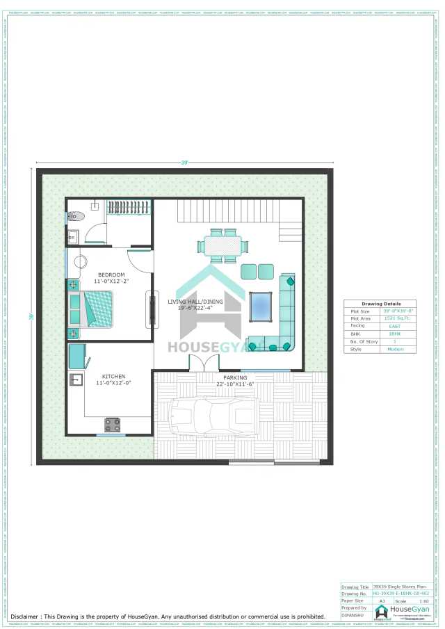 39X39 East Facing 1BHK Ground Floor House Plan | 1521 Sqft Plot Floor Plan 39X39 East Facing 1BHK Ground Floor House Plan
