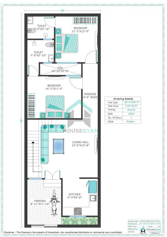 20X56 South Facing 2BHK Ground Floor House Plan | 1120 Sqft Plot Floor Plan 20X56 South Facing 2BHK Ground Floor House Plan