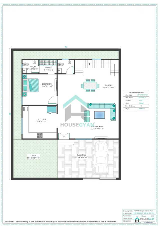 40X48 East Facing 1BHK Ground Floor House Plan | 1920 Sqft Plot Floor Plan 40X48 East Facing 1BHK Ground Floor House Plan
