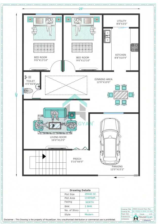 29X40 North Facing 2BHK Ground Floor House Plan | 1160 Sqft Plot Floor Plan 29X40 North Facing 2BHK Ground Floor House Plan