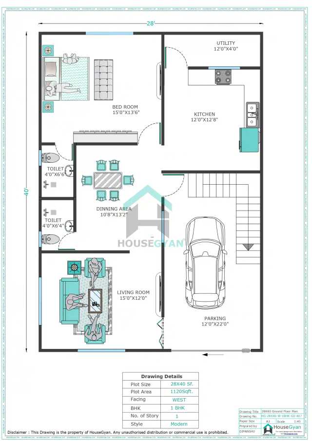 28X40 West Facing 1BHK Ground Floor House Plan | 1120 Sqft Plot Floor Plan 28X40 West Facing 1BHK Ground Floor House Plan