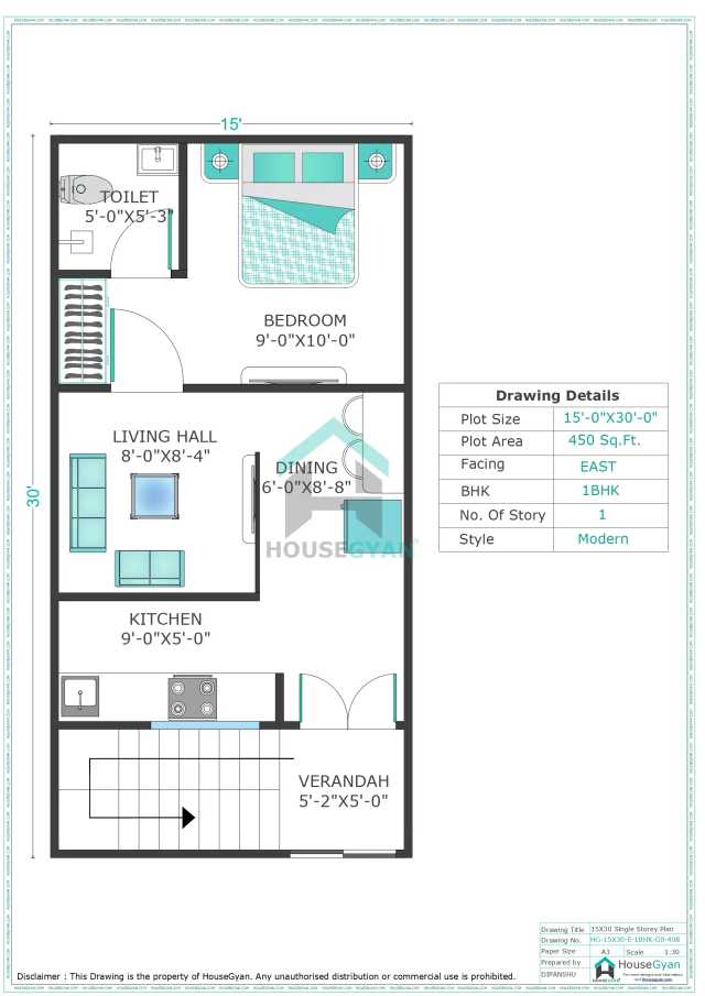 15X30 East Facing 1BHK Ground Floor House Plan | 450 Sqft Plot Floor Plan 15X30 East Facing 1BHK Ground Floor House Plan | 450 Sqft Plot Floor Plan