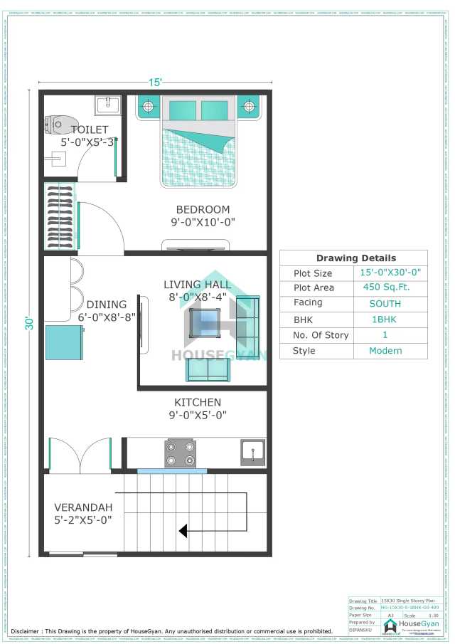 15X30 South Facing 1BHK Ground Floor House Plan | 450 Sqft Plot Floor Plan 15X30 South Facing 1BHK Ground Floor House Plan