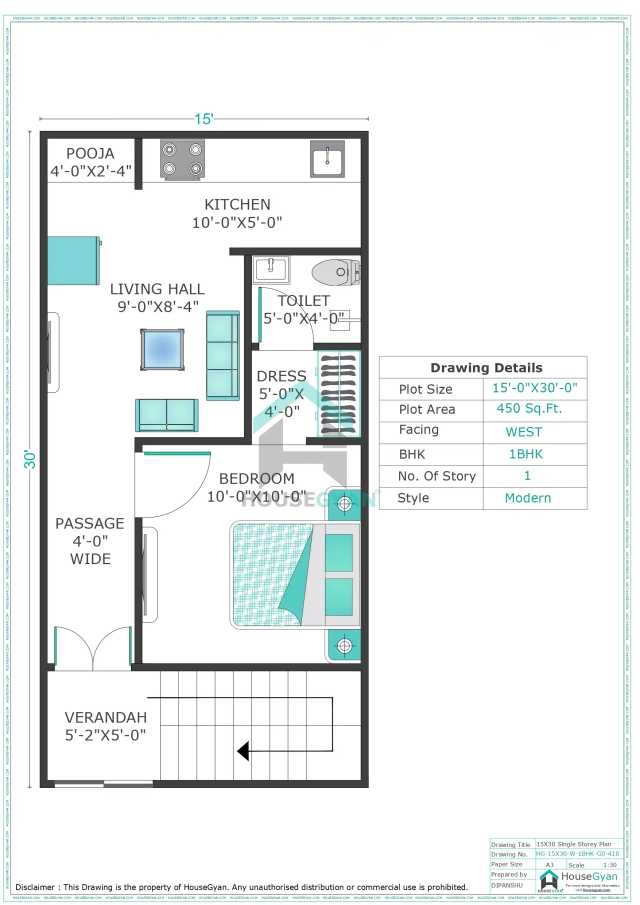 15X30 West Facing 1BHK Ground Floor House Plan | 450 Sqft Plot Floor Plan 15X30 West Facing 1BHK Ground Floor House Plan | 450 Sqft Plot Floor Plan