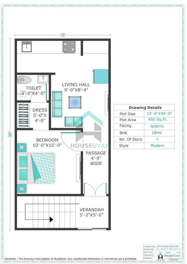 15X30 North Facing 1BHK Ground Floor House Plan | 450 Sqft Plot Floor Plan 15X30 North Facing 1BHK Ground Floor House Plan | 450 Sqft Plot Floor Plan
