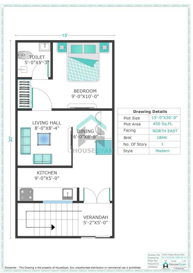 15X30 North East Facing 1BHK Ground Floor House Plan | 450 Sqft Plot Floor Plan 15X30 North East Facing 1BHK Ground Floor House Plan | 450 Sqft Plot Floor Plan