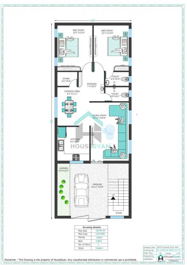 22X56 West Facing 2BHK Ground Floor House Plan | 1232 Sqft Plot Floor Plan 22X56 West Facing 2BHK Ground Floor House Plan