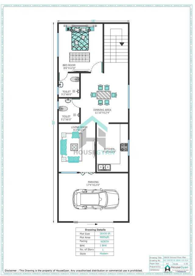 18X50 North Facing 1BHK Ground Floor House Plan | 900 Sqft Plot Floor Plan 18X50 North Facing 1BHK Ground Floor House Plan
