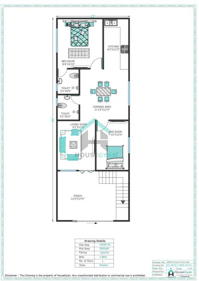 18X50 South Facing 2BHK Ground Floor House Plan | 900 Sqft Plot Floor Plan 18X50 South Facing 2BHK Ground Floor House Plan | 900 Sqft Plot Floor Plan